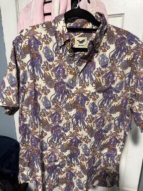 Yiume Mens Short Sleeve Shirt Colorful Jellyfish Print Pocket 100% Cotton Pocket